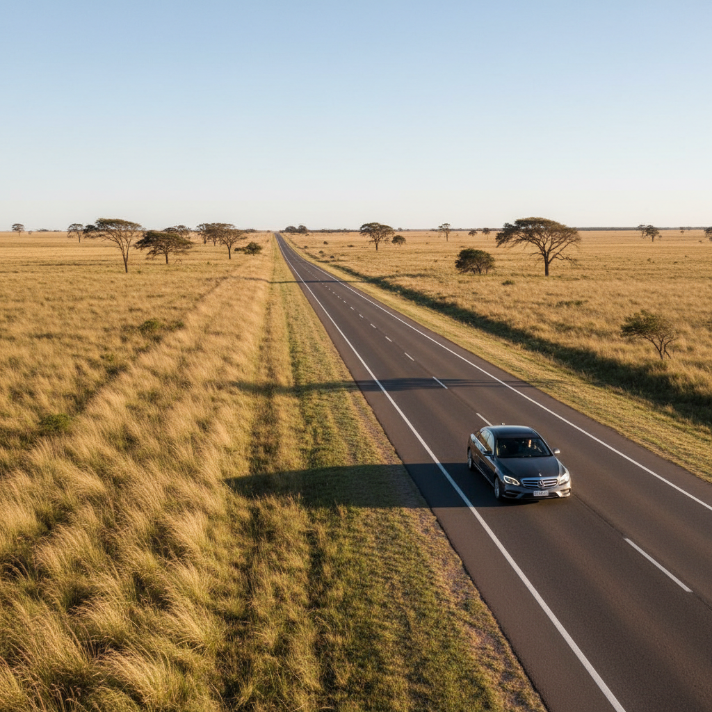 A long, open highway stretching through the Argentine pampas, captured from a slightly elevated roadside angle with a premium dark-colored sedan traveling smoothly along the right lane, symbolizing intercity and interior trips. The landscape features low golden grasses, scattered trees, and a distant horizon under a clear, pale blue afternoon sky. Sunlight is bright but gentle, creating crisp shadows and a subtle sheen on the car’s surface. The scene is sharply focused throughout, emphasizing distance and possibility. The composition uses the highway as a leading line into the horizon, reinforcing the idea of safe, uninterrupted journeys. The mood is serene, dependable, and forward-moving, rendered in realistic, high-resolution photography with a clean, professional visual style.