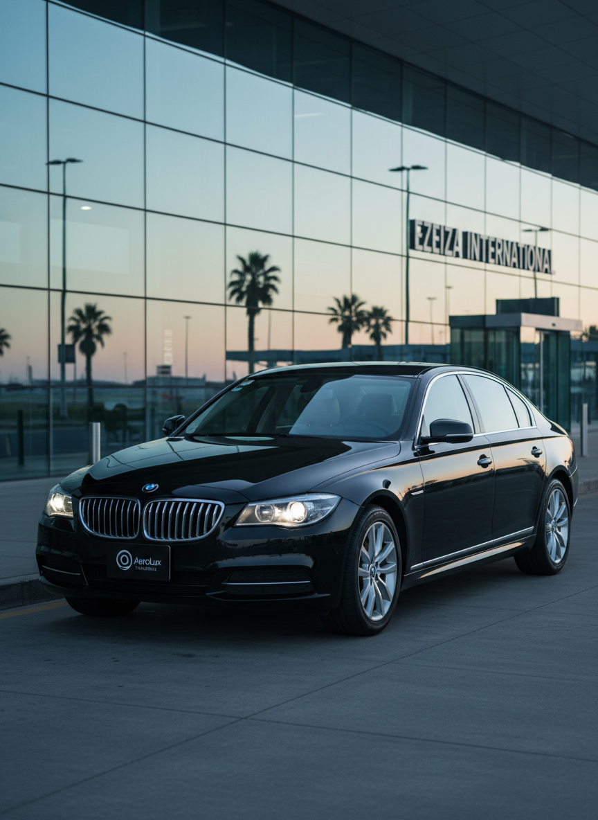 A sleek black executive sedan with subtle chrome accents, impeccably clean and polished, parked precisely in front of a modern glass-walled terminal at Ezeiza airport. The vehicle’s headlights and logo are in sharp focus, emphasizing reliability and professionalism. Early morning natural light bathes the scene in a soft, cool glow, creating gentle reflections on the car’s surface and the terminal’s windows. The composition is eye-level with a slight three-quarter angle on the car, background softly blurred to keep attention on the vehicle. The mood is calm, trustworthy, and efficient, rendered in high-resolution photographic realism with a clean, corporate aesthetic suitable for a premium transfer service homepage hero image.