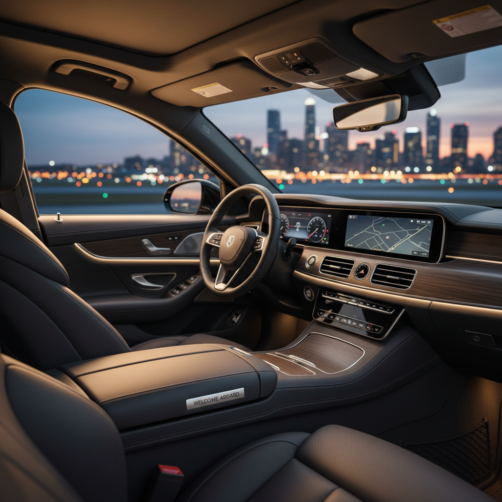 A refined interior view of a high-end black sedan, showcasing pristine leather seats in dark charcoal with neat stitching, a spotless dashboard with subtle ambient lighting, and a small branded welcome sign resting on the front passenger seat. The car is parked, doors closed, with a hint of a city skyline and airport runway lights softly blurred through the windows at dusk. Warm, low interior lighting creates a cozy yet professional ambiance, highlighting textures and surfaces. Shot from the rear seat looking forward, with shallow depth of field to emphasize comfort and exclusivity. The atmosphere is secure, private, and premium, conveyed through faithful photographic realism and a minimalist, uncluttered composition.
