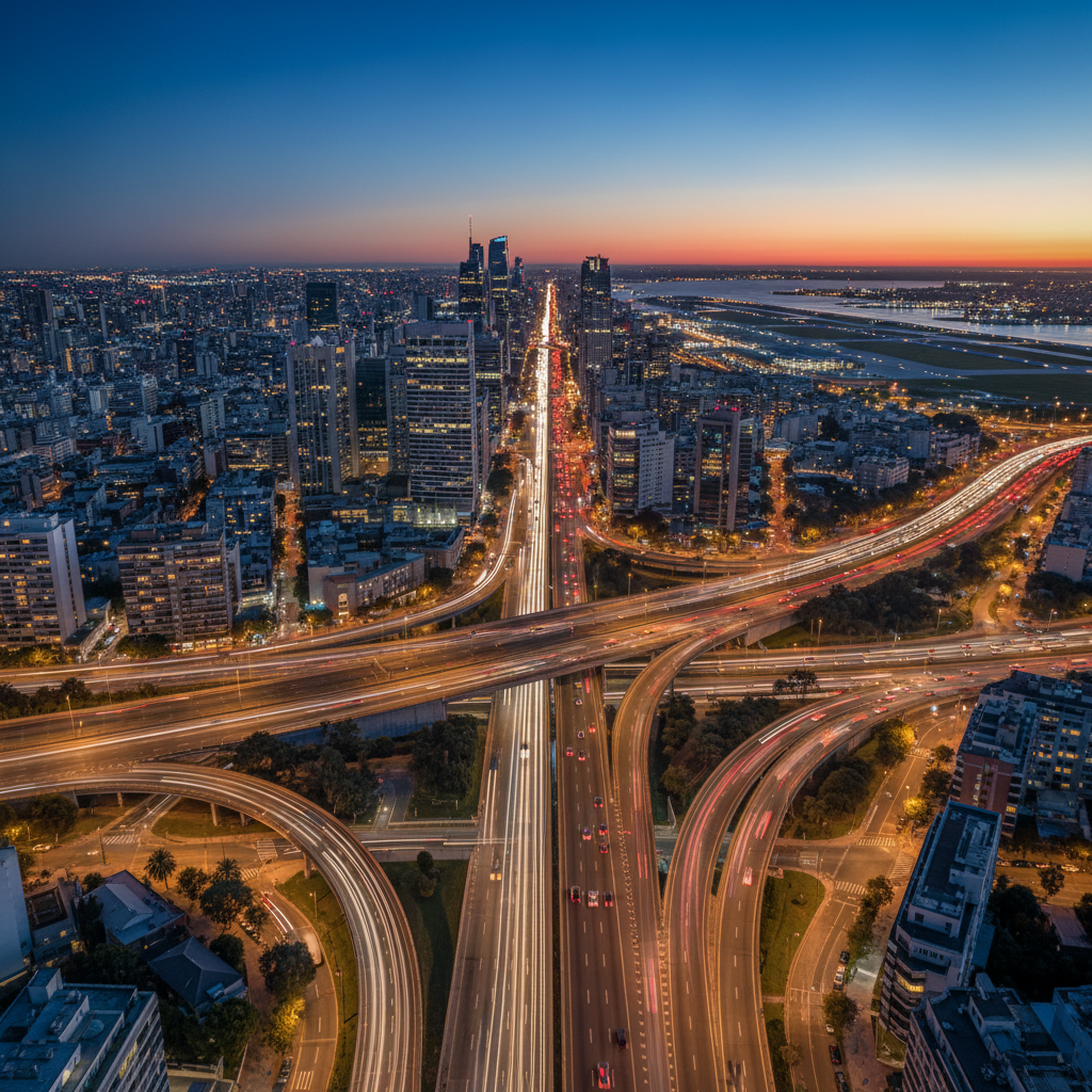 A bird’s-eye, wide-angle photographic view of Buenos Aires at twilight, with clearly visible highways leading towards Ezeiza and Aeroparque airports. Modern sedans and executive vehicles glide along well-lit avenues, their headlights forming smooth light trails that suggest punctual, continuous 24/7 service. The city’s iconic skyline appears in the distance under a deep blue sky transitioning into night. Streetlights and building windows create a subtle golden glow. The composition uses leading lines of the highways to guide the eye from the city center to the runways. The mood is dynamic yet controlled, conveying efficiency, connectivity, and reliability, rendered in crisp photographic realism with a clean, corporate color palette of blues, grays, and warm yellows.