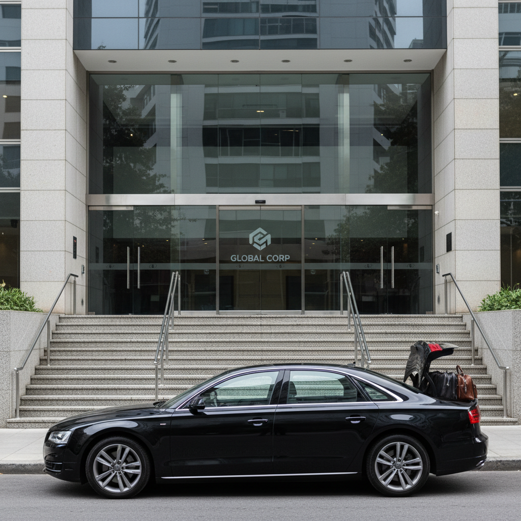 A modern corporate building entrance in downtown Buenos Aires, featuring a clean granite staircase, stainless steel railings, and reflective glass doors with a subtle company logo etched on the surface. A premium black sedan is precisely aligned at the curb, trunk discreetly open revealing neatly arranged executive briefcases and carry-on luggage, emphasizing corporate transfers. Soft overcast daylight evenly illuminates the scene, minimizing harsh shadows and giving a clear, professional look. Shot from a slightly low angle at the curb level, the composition uses the lines of the staircase and building facade to frame the vehicle. The atmosphere is orderly, secure, and business-focused, expressed in detailed photographic realism with a modern, minimalist aesthetic and restrained, neutral color tones.